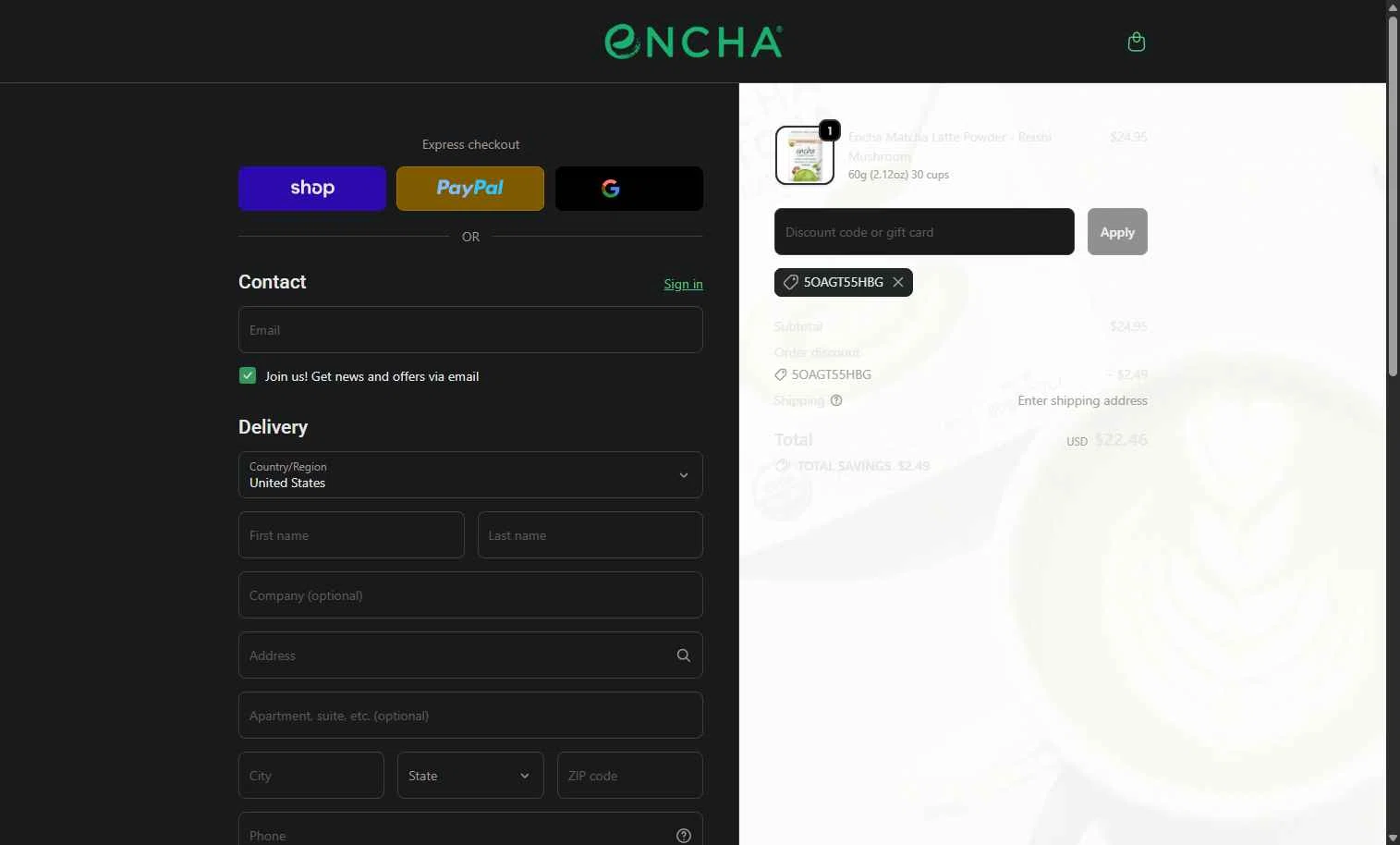 Encha checkout page showing Encha promo code box | Screenshot taken by SimplyCodes community member on Dec 21, 2025