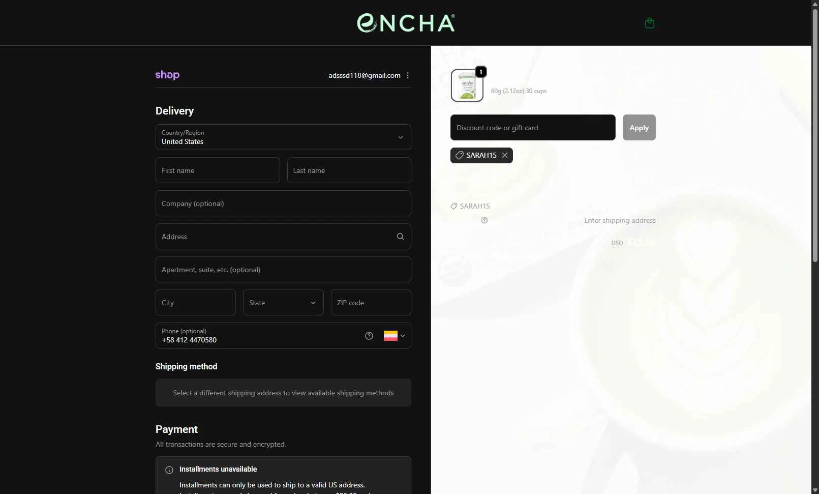 Encha checkout page showing Encha promo code box | Screenshot taken by SimplyCodes community member on Dec 24, 2025