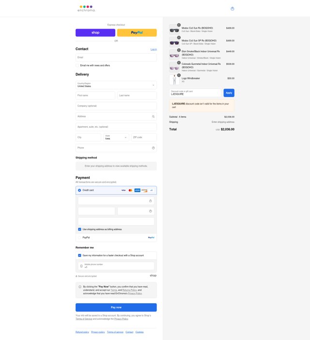 EnChroma checkout page showing EnChroma discount code box | Screenshot taken by SimplyCodes community member on Sep 6, 2025