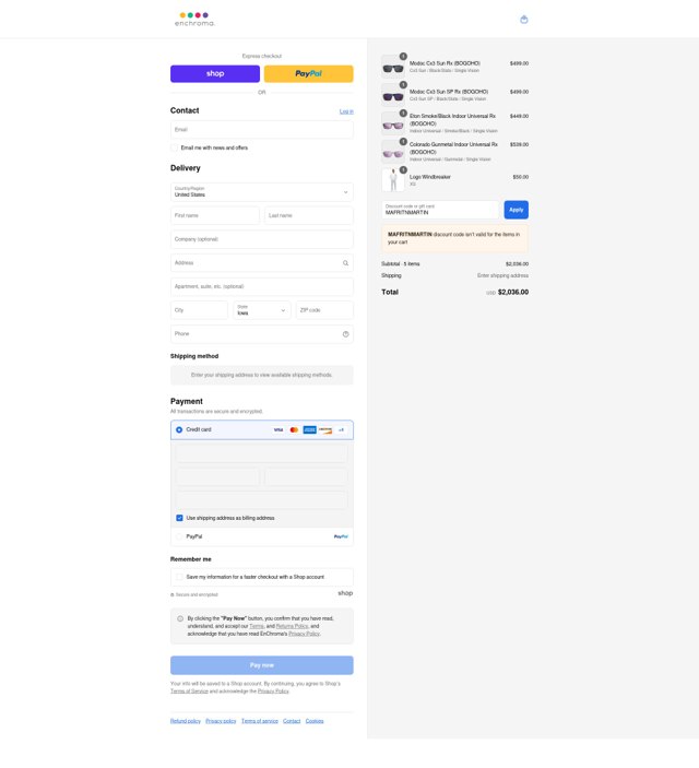 EnChroma checkout page showing EnChroma discount code box | Screenshot taken by SimplyCodes community member on Sep 6, 2025