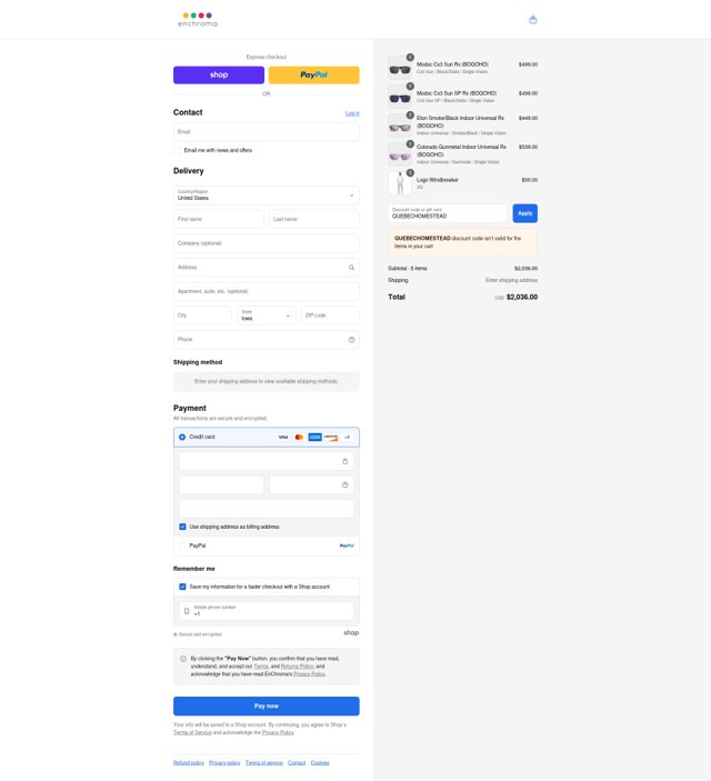 EnChroma checkout page showing EnChroma discount code box | Screenshot taken by SimplyCodes community member on Sep 6, 2025