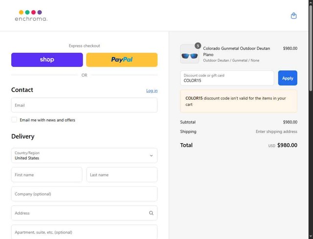EnChroma checkout page showing EnChroma discount code box | Screenshot taken by SimplyCodes community member on Sep 6, 2025