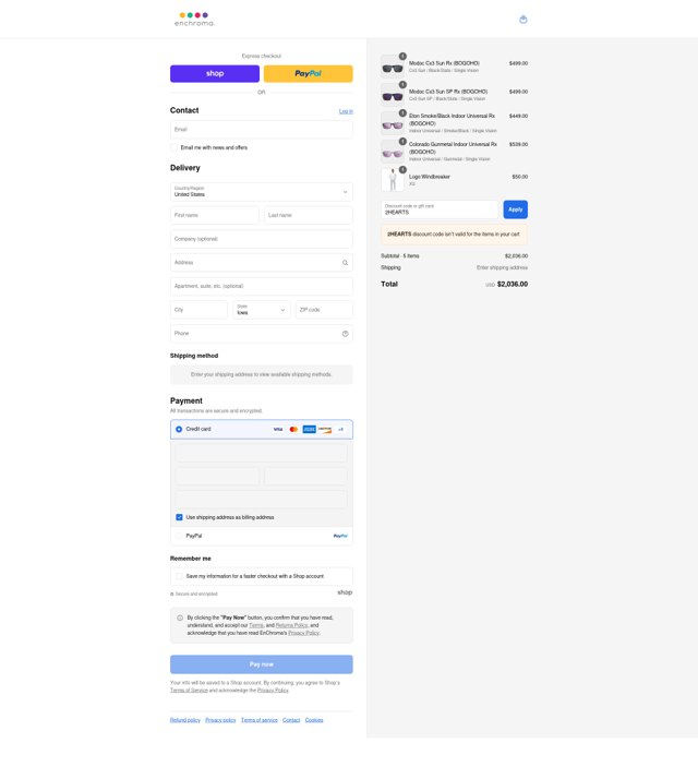 EnChroma checkout page showing EnChroma discount code box | Screenshot taken by SimplyCodes community member on Sep 6, 2025