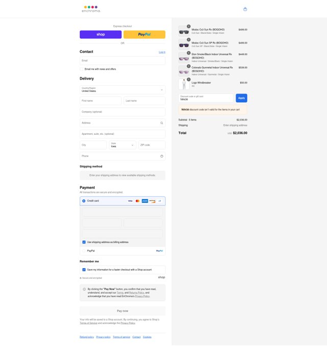 EnChroma checkout page showing EnChroma discount code box | Screenshot taken by SimplyCodes community member on Sep 6, 2025