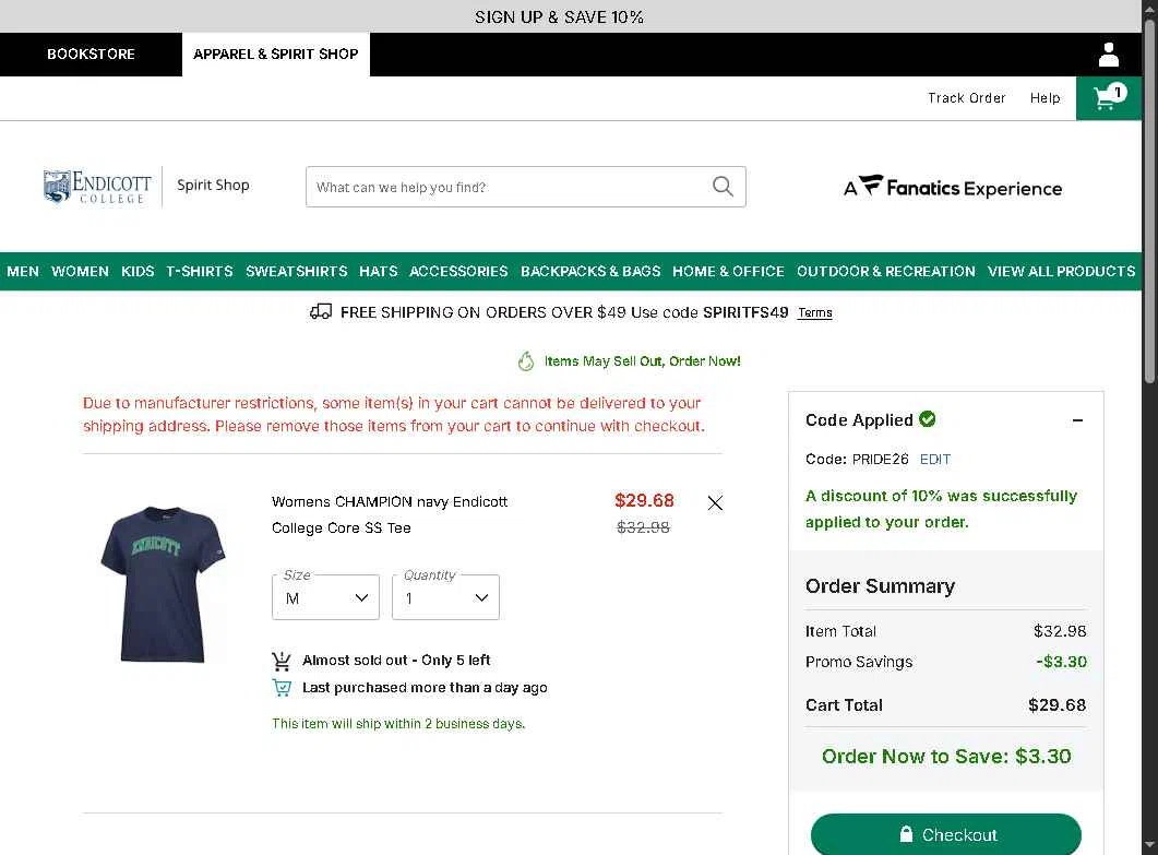 Endicott College checkout page showing Endicott College promo code box | Screenshot taken by SimplyCodes community member on Feb 5, 2026
