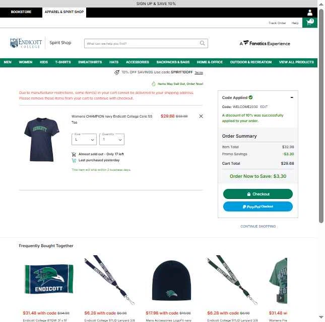 Endicott College checkout page showing Endicott College promo code box | Screenshot taken by SimplyCodes community member on Jan 24, 2026