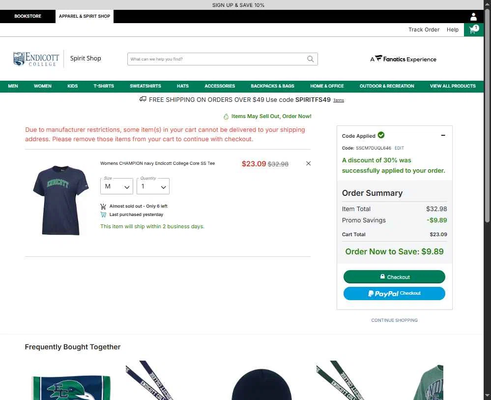 Endicott College checkout page showing Endicott College promo code box | Screenshot taken by SimplyCodes community member on Jan 26, 2026