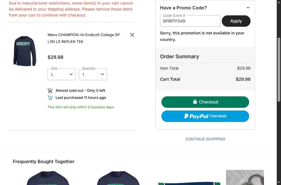 Endicott College checkout page showing Endicott College promo code box | Screenshot taken by SimplyCodes community member on Jan 30, 2026