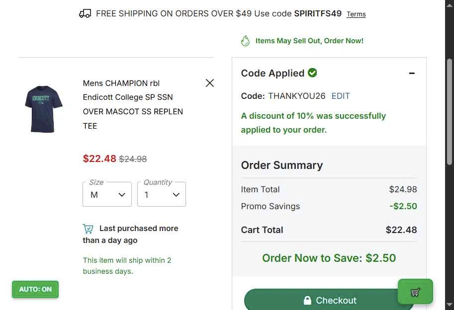 Endicott College checkout page showing Endicott College promo code box | Screenshot taken by SimplyCodes community member on Feb 8, 2026