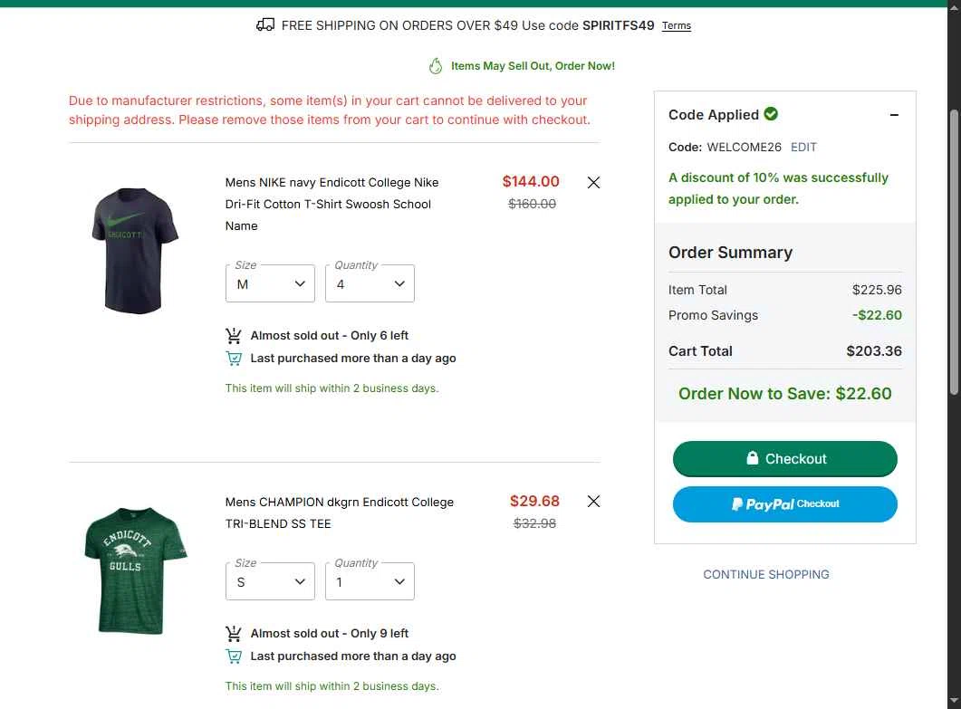 Endicott College checkout page showing Endicott College promo code box | Screenshot taken by SimplyCodes community member on Feb 5, 2026