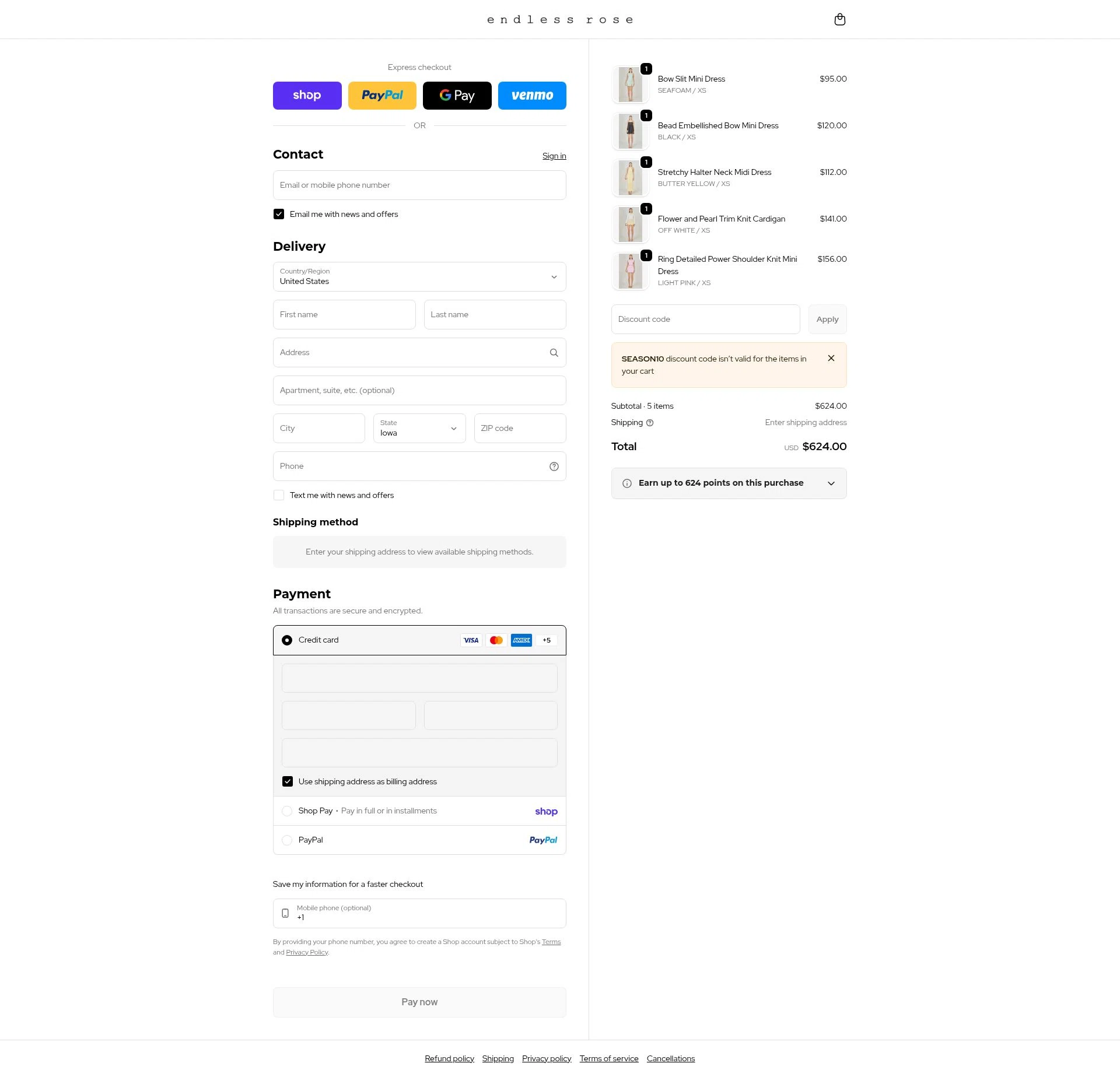 Endless Rose checkout page showing Endless Rose promo code box | Screenshot taken by SimplyCodes community member on Feb 15, 2026
