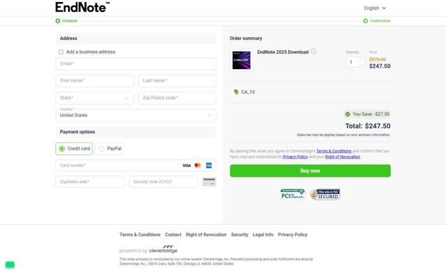 EndNote checkout page showing EndNote promo code box | Screenshot taken by SimplyCodes community member on Jul 28, 2025