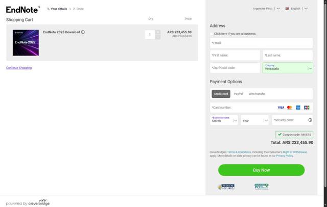 EndNote checkout page showing EndNote promo code box | Screenshot taken by SimplyCodes community member on Sep 4, 2025