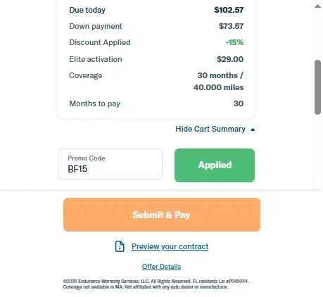 Endurance Warranty checkout page showing Endurance Warranty promo code box | Screenshot taken by SimplyCodes community member on Jan 4, 2026