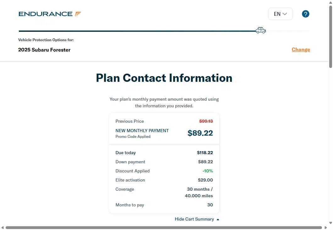 Endurance Warranty checkout page showing Endurance Warranty promo code box | Screenshot taken by SimplyCodes community member on Jan 4, 2026