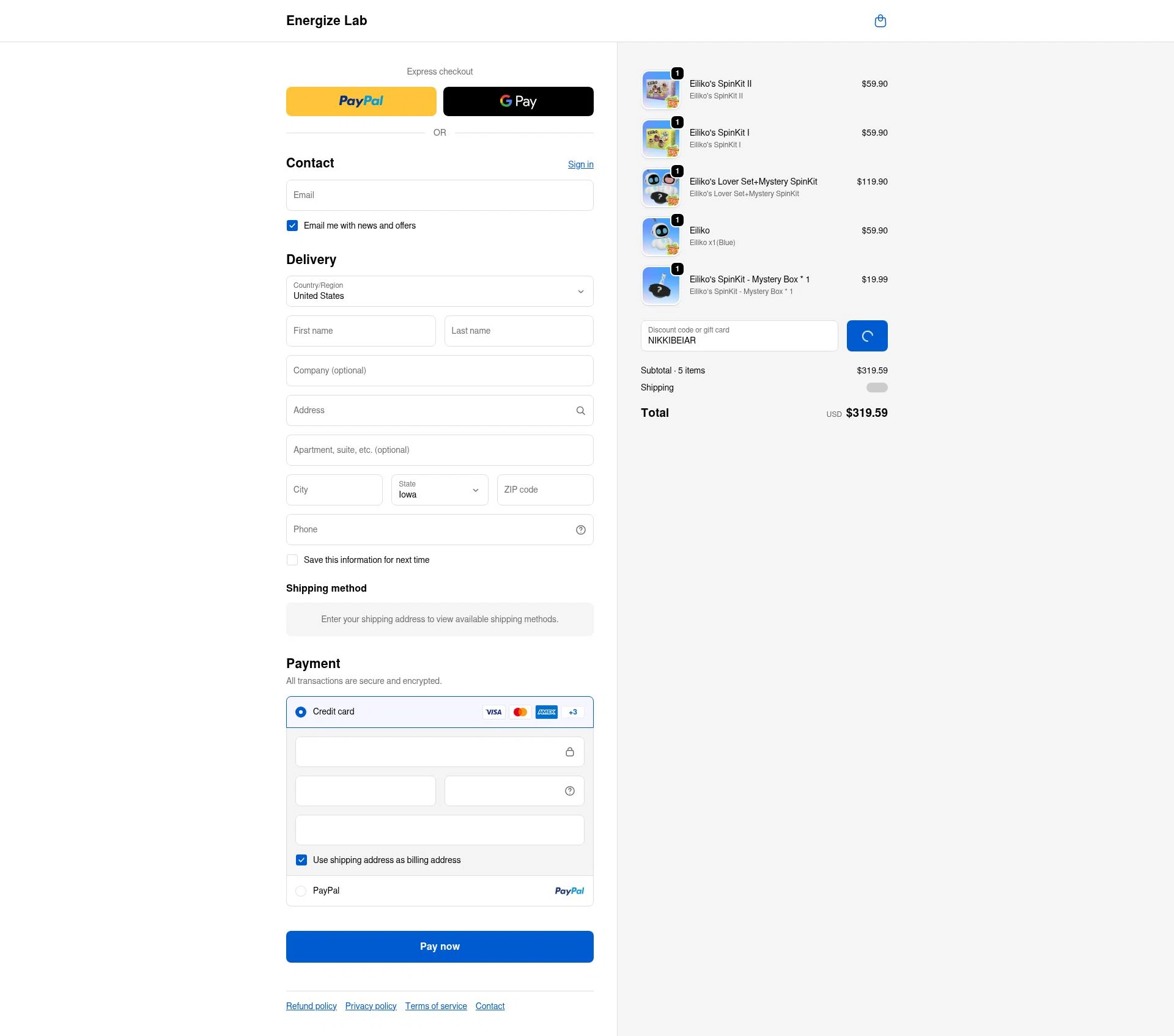 Energize Lab checkout page showing Energize Lab discount code box | Screenshot taken by SimplyCodes community member on Feb 11, 2026