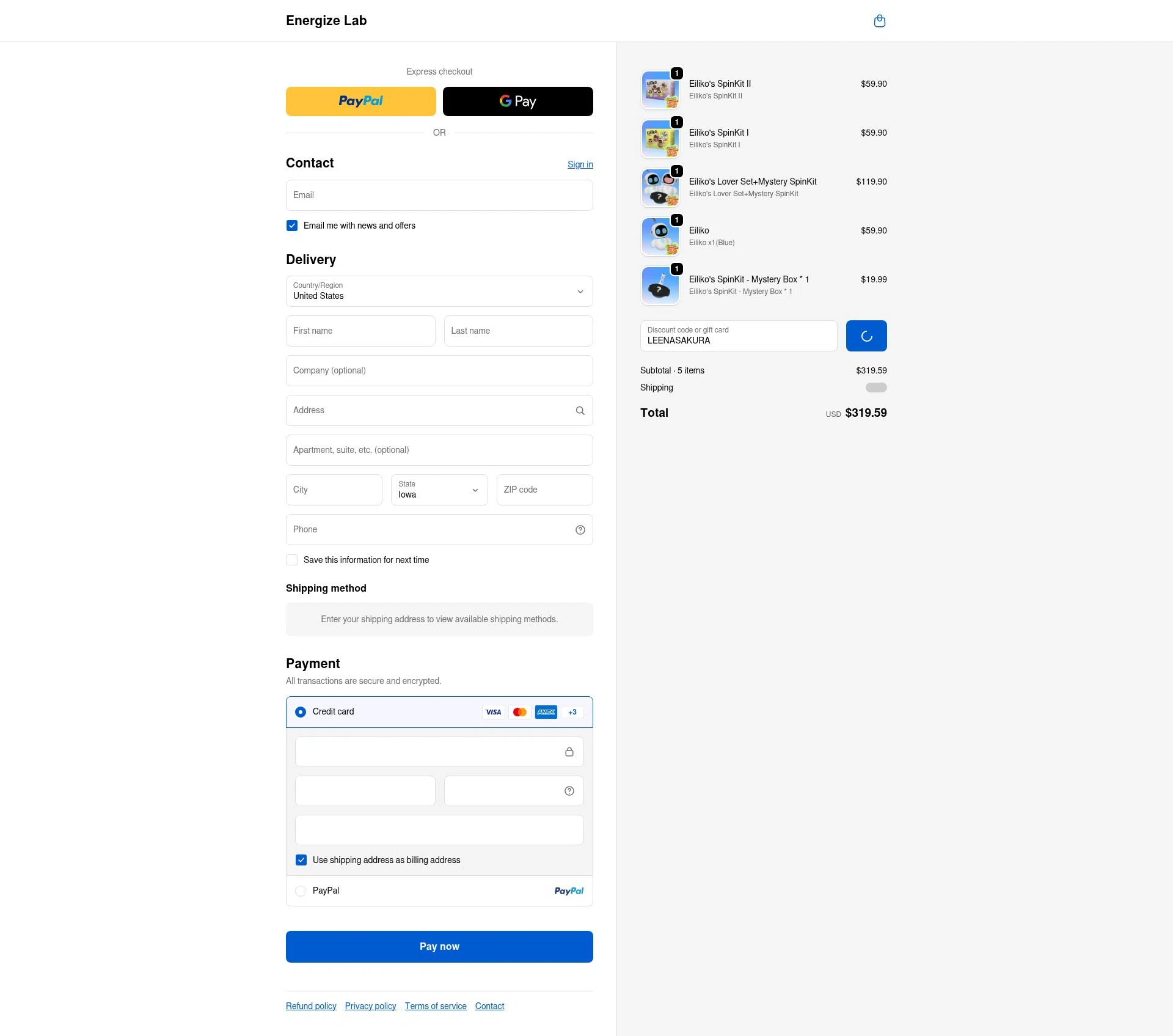 Energize Lab checkout page showing Energize Lab discount code box | Screenshot taken by SimplyCodes community member on Feb 11, 2026