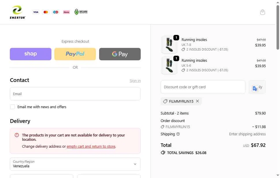 Enertor checkout page showing Enertor discount code box | Screenshot taken by SimplyCodes community member on Jan 27, 2026