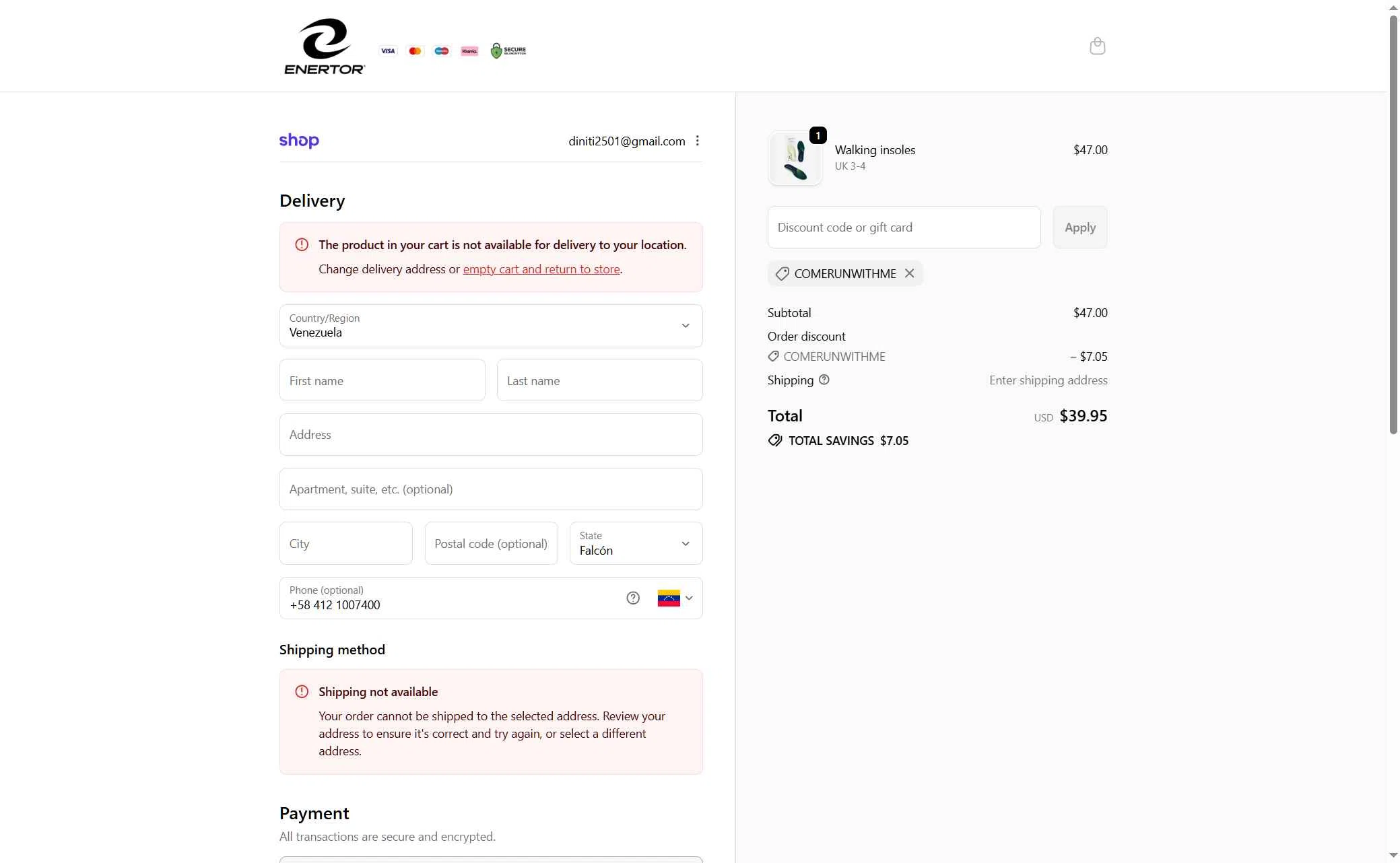 Enertor checkout page showing Enertor discount code box | Screenshot taken by SimplyCodes community member on Feb 7, 2026