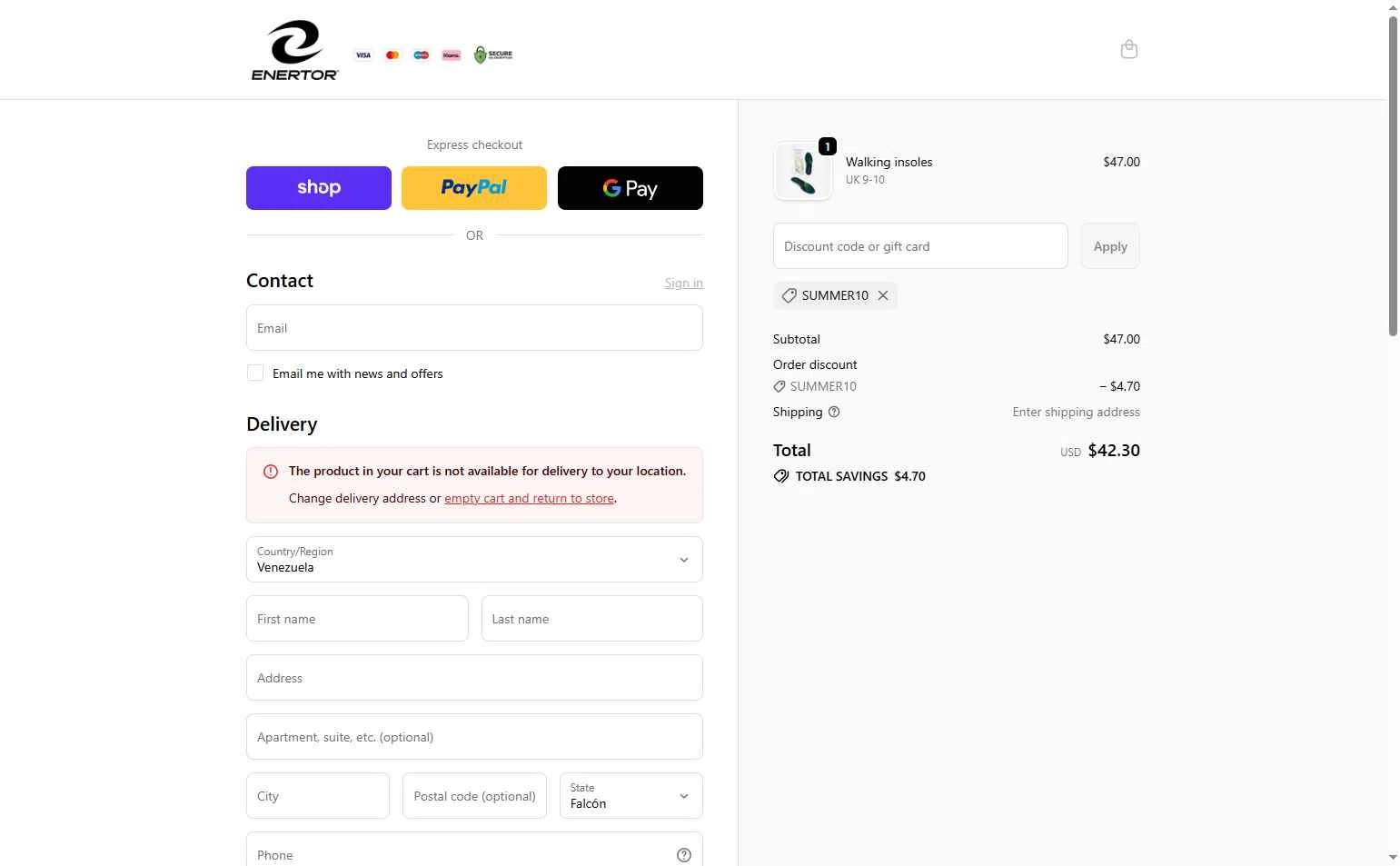 Enertor checkout page showing Enertor discount code box | Screenshot taken by SimplyCodes community member on Feb 5, 2026