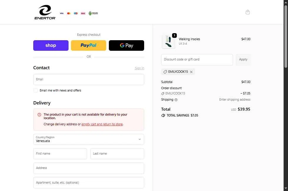 Enertor checkout page showing Enertor discount code box | Screenshot taken by SimplyCodes community member on Feb 13, 2026