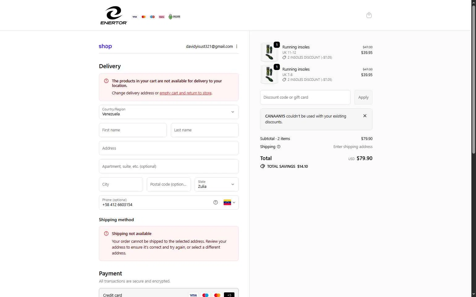 Enertor checkout page showing Enertor discount code box | Screenshot taken by SimplyCodes community member on Feb 12, 2026