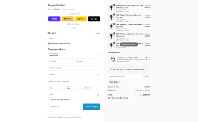 Engage Pickleball checkout page showing Engage Pickleball discount code box | Screenshot taken by SimplyCodes community member on Sep 8, 2025