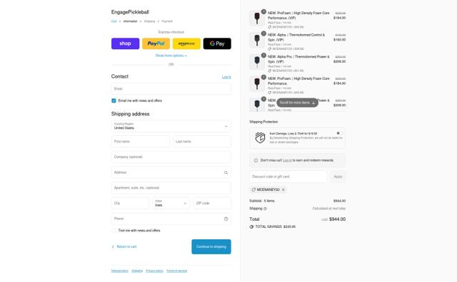 Engage Pickleball checkout page showing Engage Pickleball discount code box | Screenshot taken by SimplyCodes community member on Sep 8, 2025
