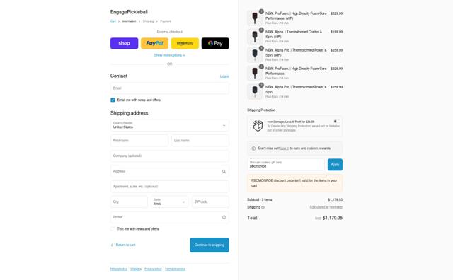 Engage Pickleball checkout page showing Engage Pickleball discount code box | Screenshot taken by SimplyCodes community member on Sep 8, 2025