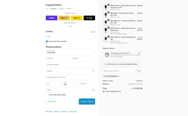 Engage Pickleball checkout page showing Engage Pickleball discount code box | Screenshot taken by SimplyCodes community member on Sep 8, 2025