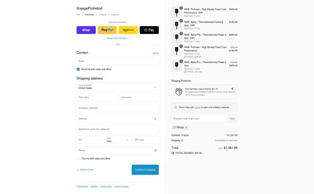 Engage Pickleball checkout page showing Engage Pickleball discount code box | Screenshot taken by SimplyCodes community member on Sep 8, 2025