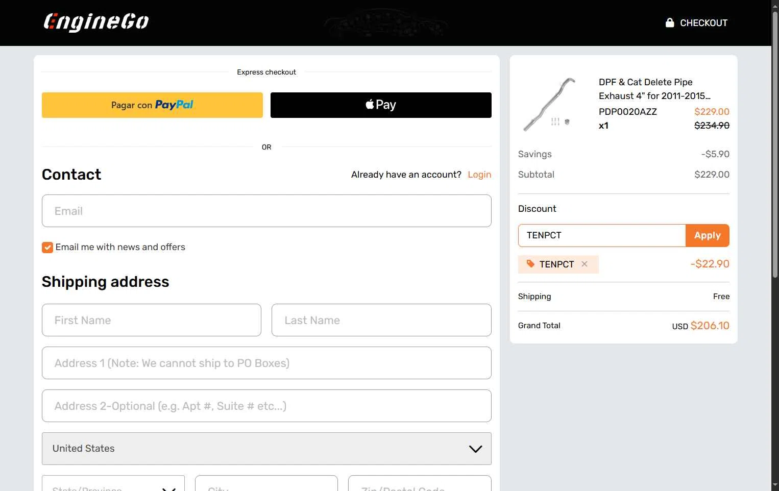 EngineGo checkout page showing EngineGo promo code box | Screenshot taken by SimplyCodes community member on Oct 18, 2025
