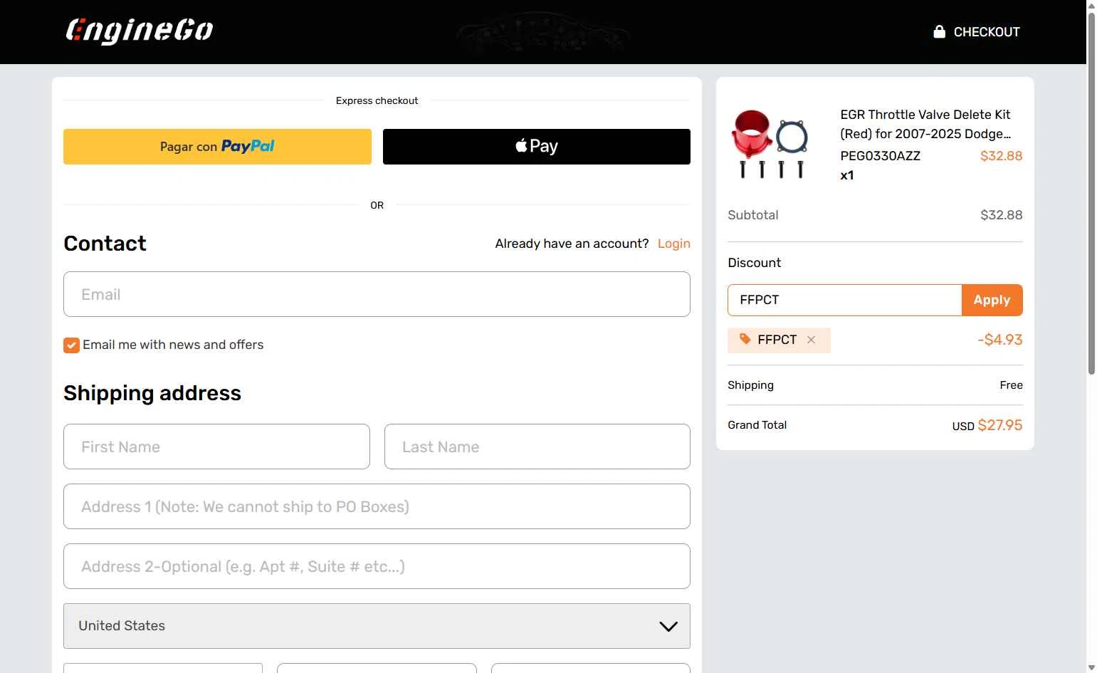 EngineGo checkout page showing EngineGo promo code box | Screenshot taken by SimplyCodes community member on Oct 18, 2025