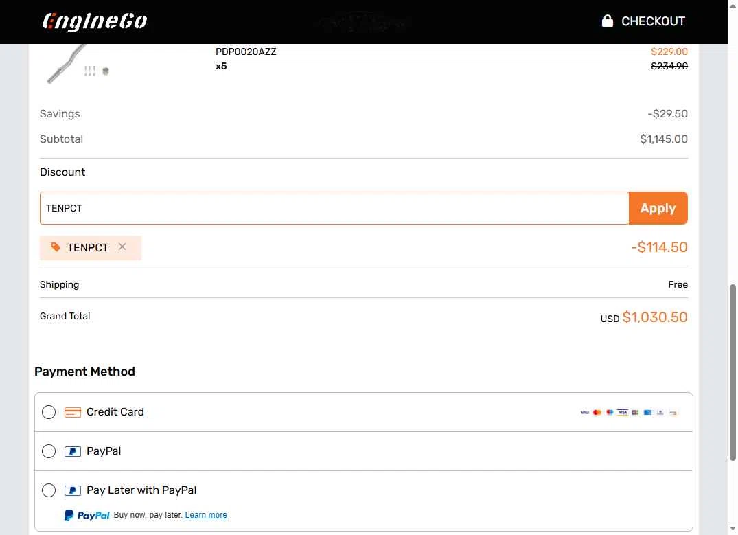 EngineGo checkout page showing EngineGo promo code box | Screenshot taken by SimplyCodes community member on Sep 19, 2025