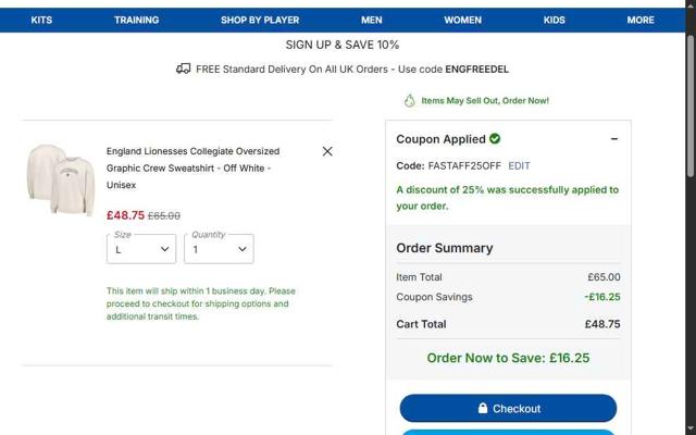 England Store checkout page showing England Store discount code box | Screenshot taken by SimplyCodes community member on Jul 23, 2025