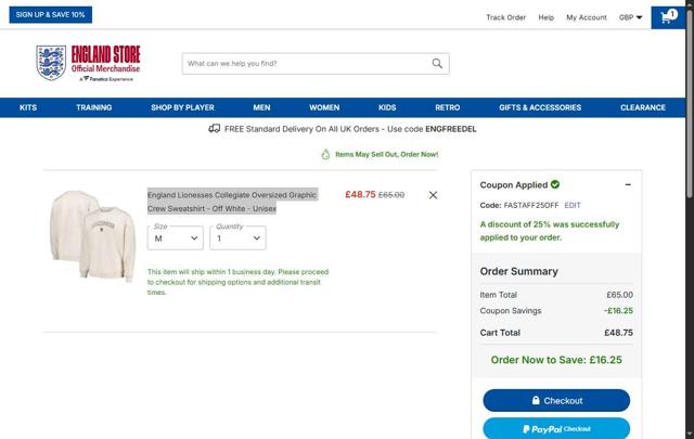 England Store checkout page showing England Store discount code box | Screenshot taken by SimplyCodes community member on Jul 23, 2025