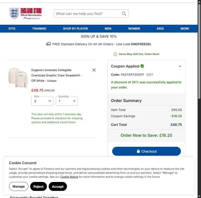 England Store checkout page showing England Store discount code box | Screenshot taken by SimplyCodes community member on Jul 23, 2025