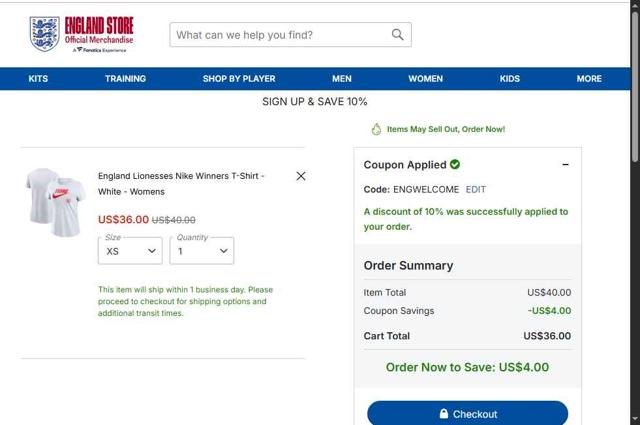 England Store checkout page showing England Store discount code box | Screenshot taken by SimplyCodes community member on Aug 27, 2025