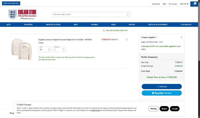 England Store checkout page showing England Store discount code box | Screenshot taken by SimplyCodes community member on Jul 23, 2025