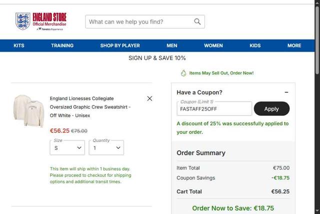 England Store checkout page showing England Store discount code box | Screenshot taken by SimplyCodes community member on Jul 23, 2025