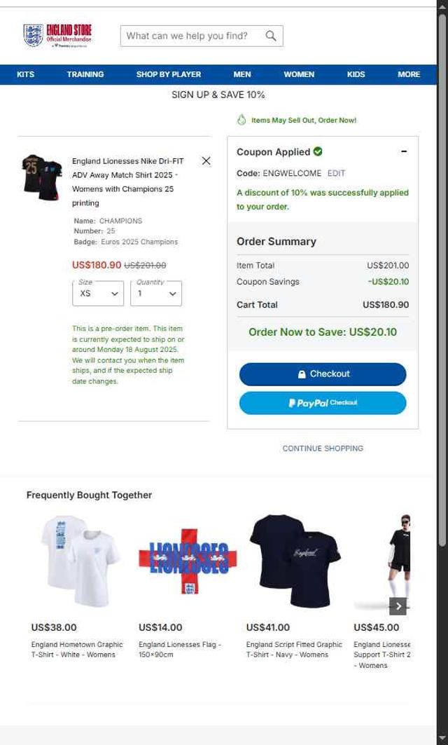 England Store checkout page showing England Store discount code box | Screenshot taken by SimplyCodes community member on Jul 29, 2025