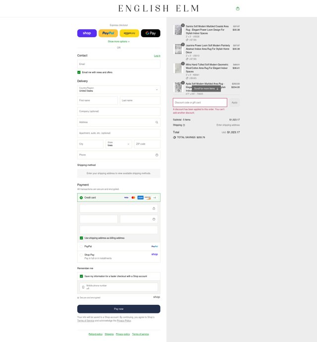 English Elm checkout page showing English Elm discount code box | Screenshot taken by SimplyCodes community member on Sep 4, 2025