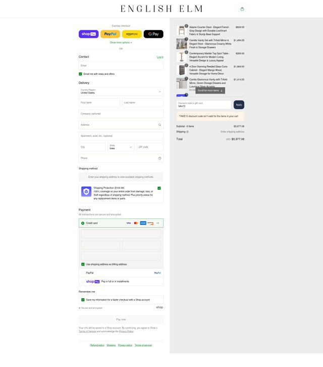 English Elm checkout page showing English Elm discount code box | Screenshot taken by SimplyCodes community member on Aug 13, 2025