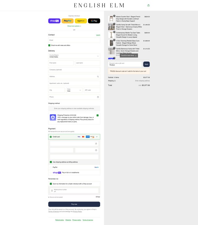 English Elm checkout page showing English Elm discount code box | Screenshot taken by SimplyCodes community member on Aug 13, 2025