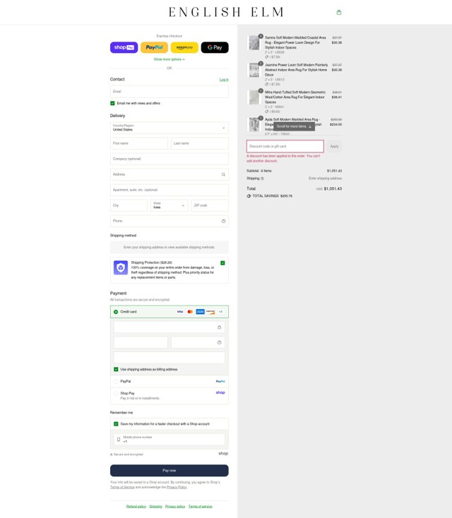 English Elm checkout page showing English Elm discount code box | Screenshot taken by SimplyCodes community member on Aug 27, 2025