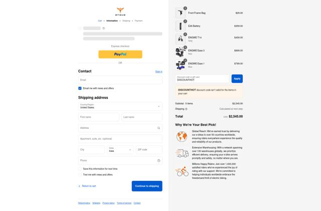 Engwe checkout page showing Engwe discount code box | Screenshot taken by SimplyCodes community member on Sep 15, 2025