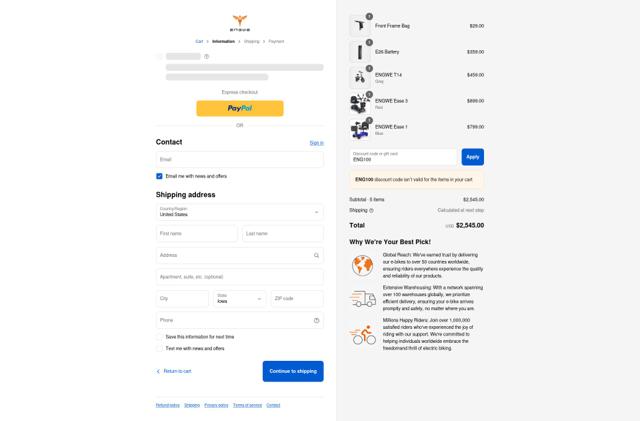 Engwe checkout page showing Engwe discount code box | Screenshot taken by SimplyCodes community member on Sep 15, 2025