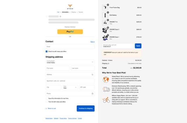 Engwe checkout page showing Engwe discount code box | Screenshot taken by SimplyCodes community member on Sep 15, 2025