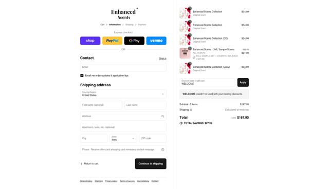 Enhanced Scents checkout page showing Enhanced Scents coupon code box | Screenshot taken by SimplyCodes community member on Sep 12, 2025
