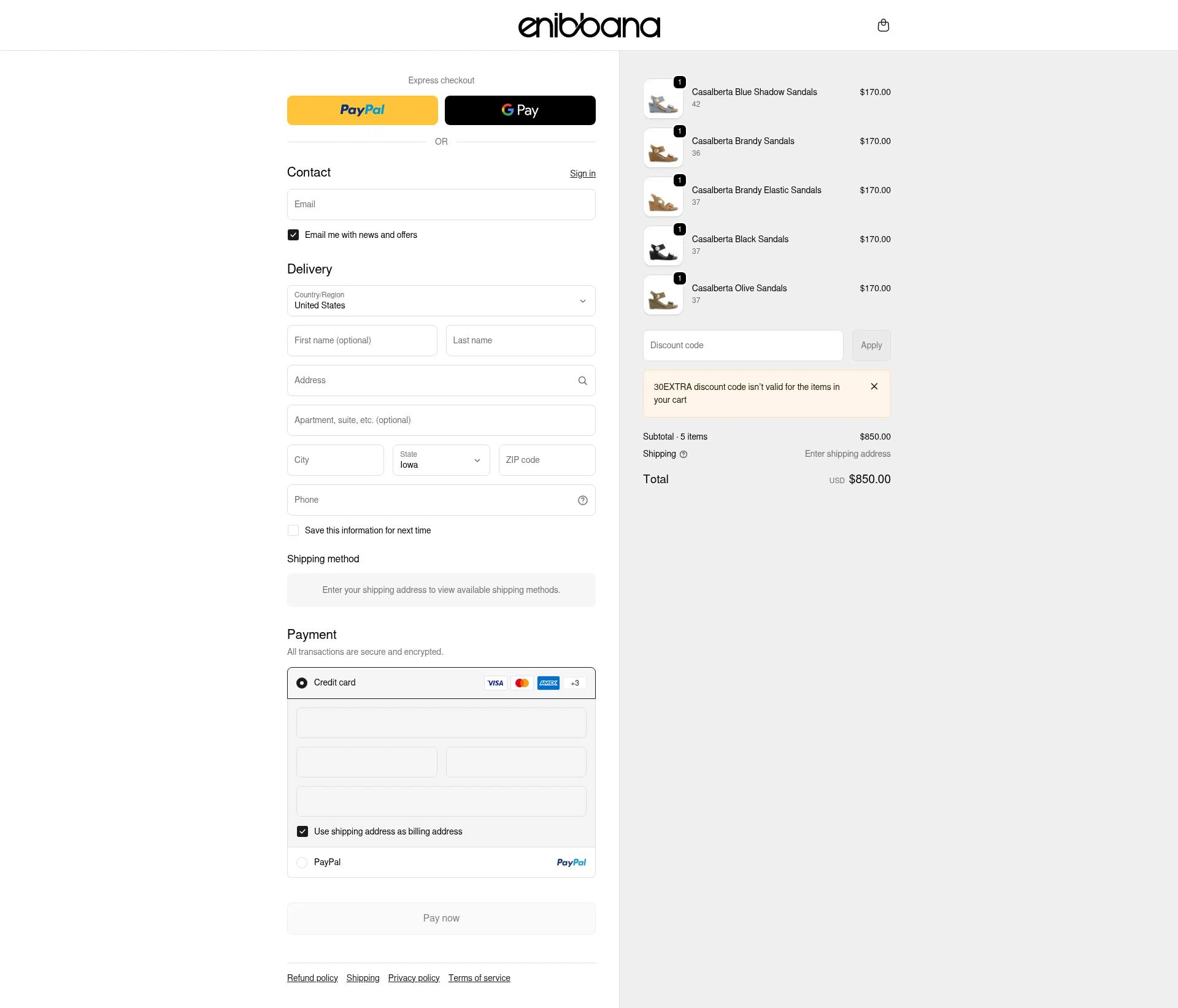 Enibbana checkout page showing Enibbana discount code box | Screenshot taken by SimplyCodes community member on Feb 18, 2026